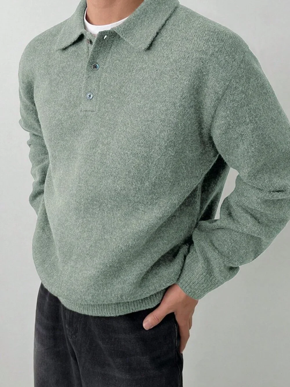 Green Casual Men's Polo Neck Long Sleeve Casual Sweater